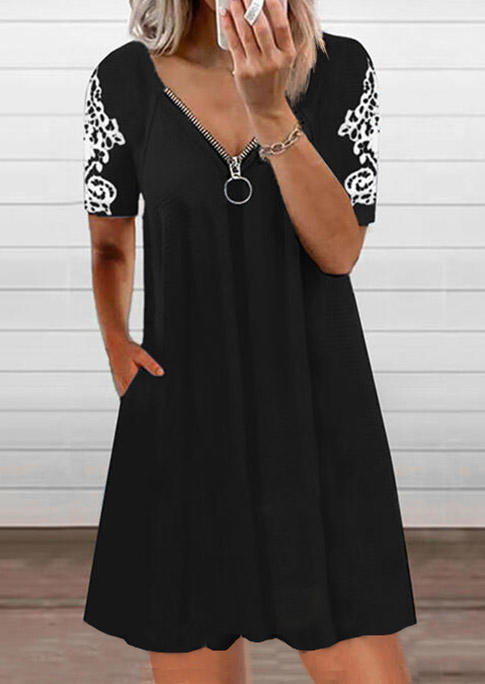 

Lace Zipper V-Neck Mini Dress - Black, 511626