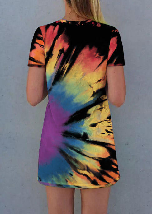 Reverse Tie Dye Rainbow O-Neck Mini Dress