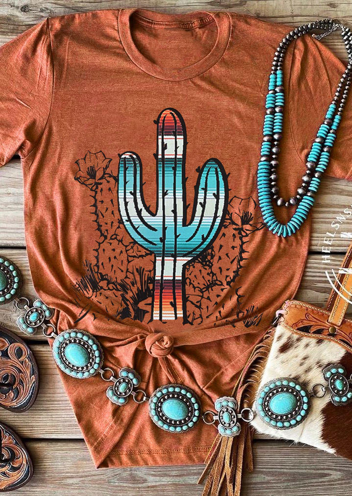 

Serape Striped Cactus O-Neck T-Shirt Tee - Orange, 512018