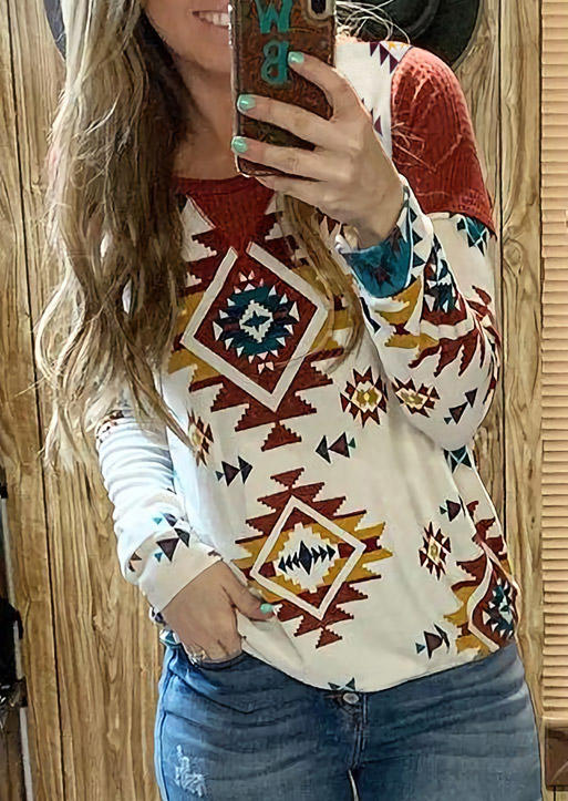 

Aztec Geometric Long Sleeve O-Neck Blouse, Multicolor, 511130