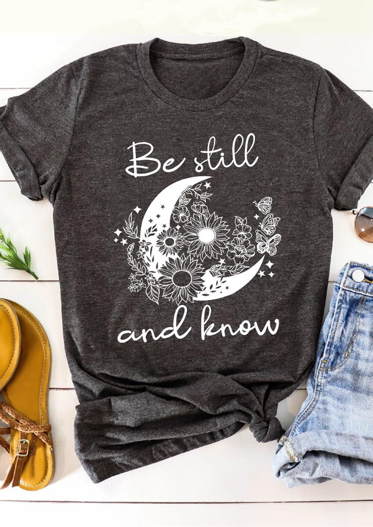 

Be Still And Know Moon Daisy Butterfly T-Shirt Tee - Dark Grey, 511462