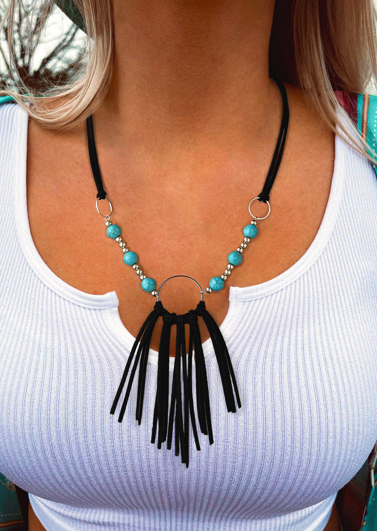 

Vintage Tassel Turquoise Pendant Necklace, Black, 511479