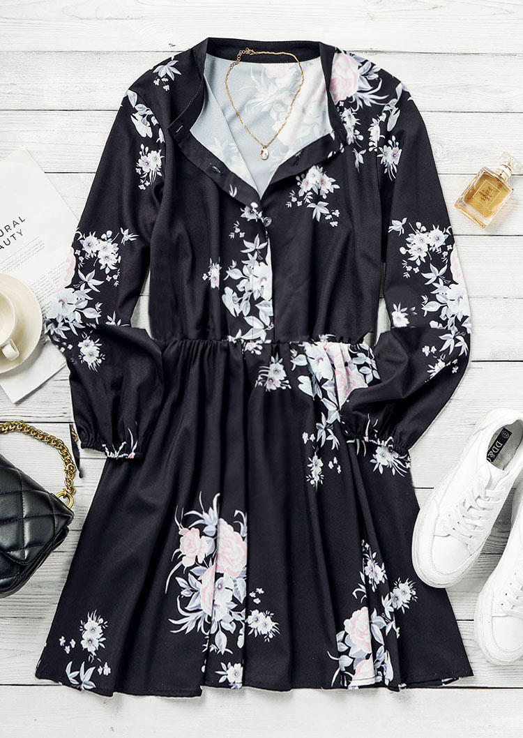 Floral Button Elastic Cuff Mini Dress - Black