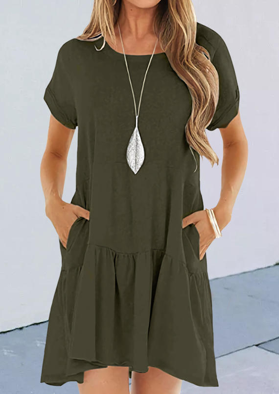 

Pocket Ruffled O-Neck Mini Dress - Army Green, 511590