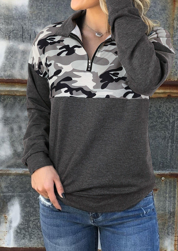 

Camouflage Zipper Turn-down Collar Sweatshirt - Dark Grey, 511650