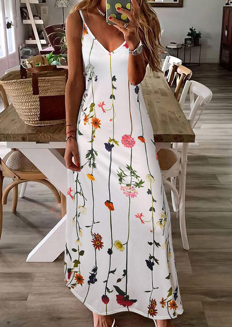 

Floral V-Neck Spaghetti Strap Big Hem Maxi Dress - White, 511652