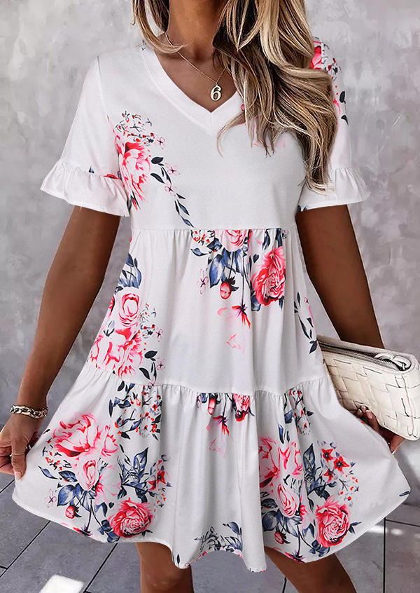 Floral Ruffled V-Neck Mini Dress - White, 511654