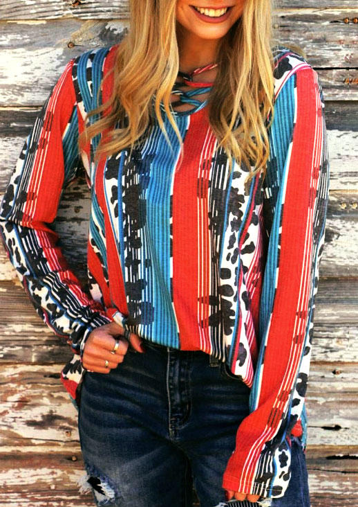 

Criss-Cross Striped Cow Long Sleeve Blouse, Multicolor, 511671