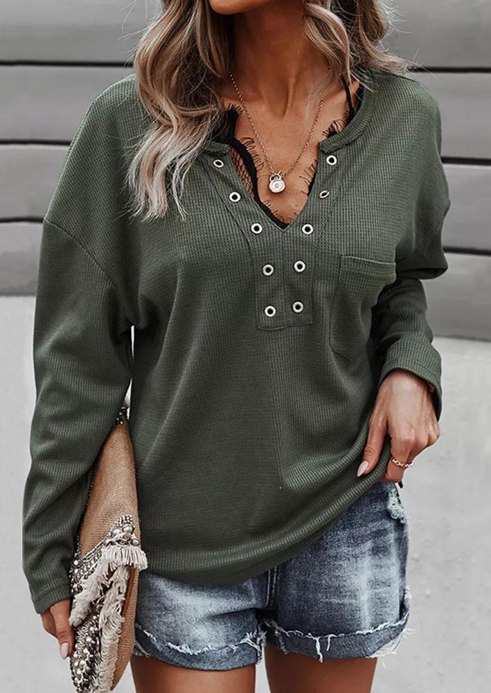 

Eyelet V-Neck Pocket Long Sleeve Blouse - Army Green, 511682