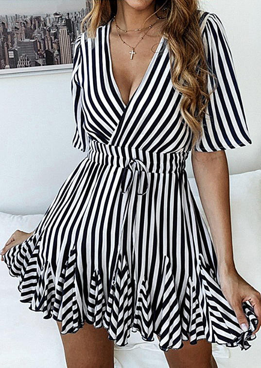 

Striped Tie Ruffled V-Neck Mini Dress, Stripe, 511699