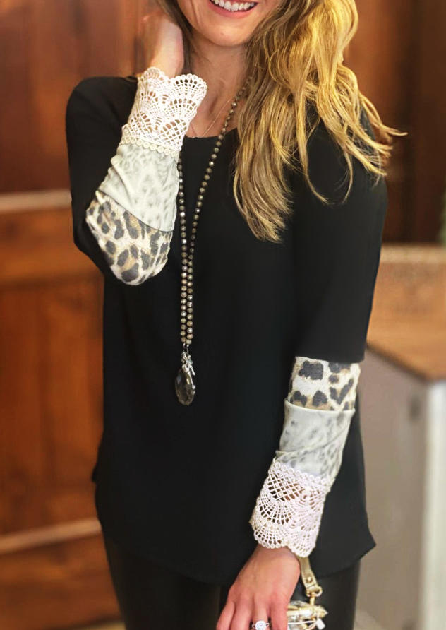 

Leopard Lace Splicing Long Sleeve Blouse, Black, 512019