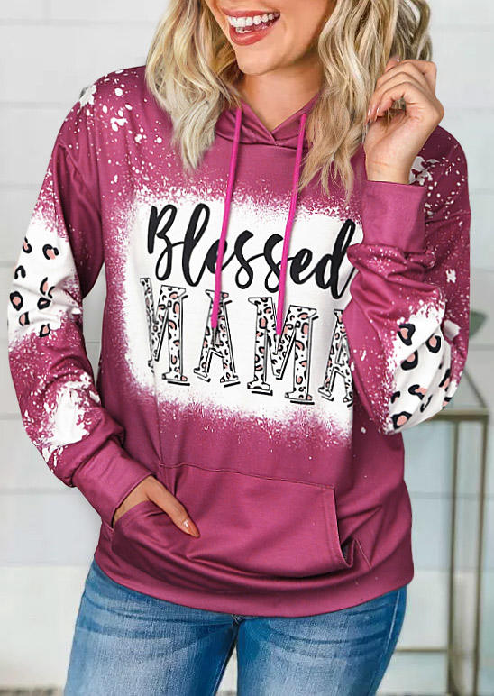 

Leopard Bless Mama Kangaroo Pocket Bleached Hoodie - Purple, 511549