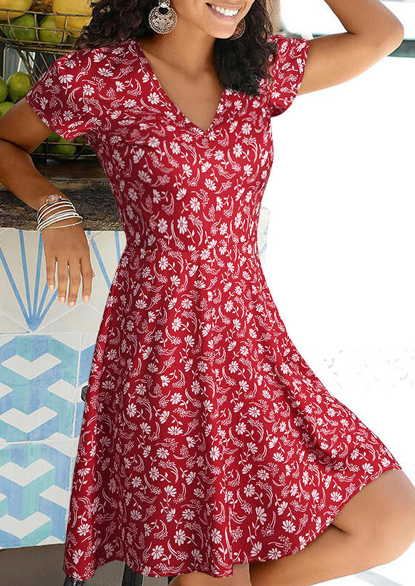 

Floral V-Neck Short Sleeve Mini Dress - Red, 511703