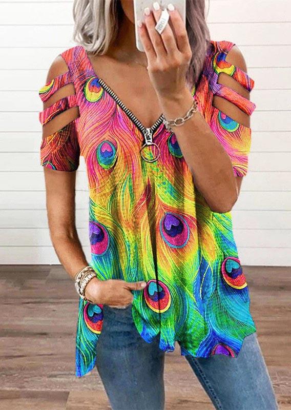 

Colorful Peacock Feather Zipper Cold Shoulder Blouse, Multicolor, 511819
