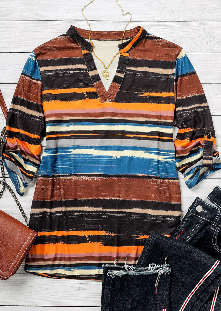 Striped Water Color Notched Neck Blouse