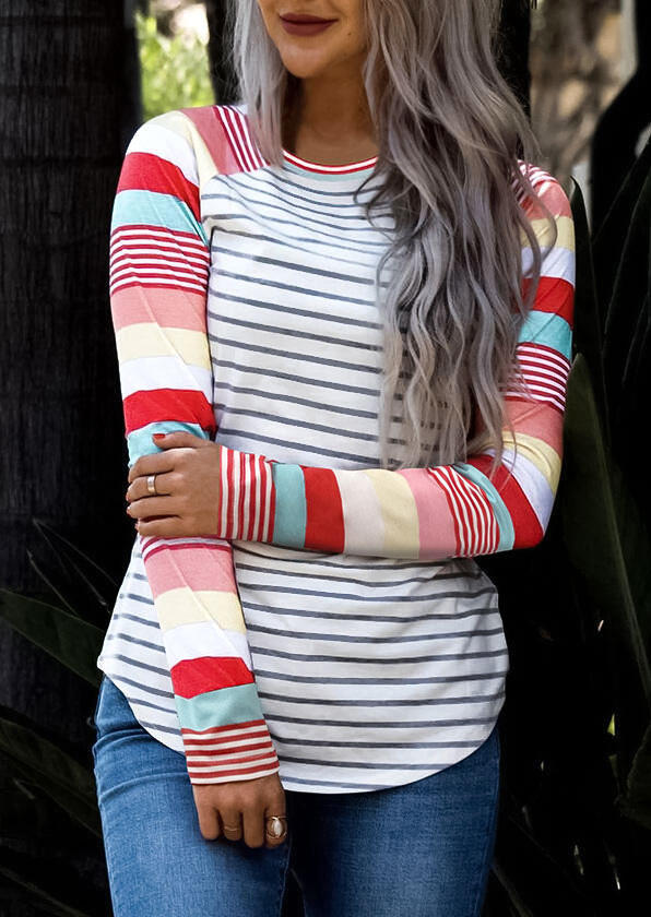 

Colorful Striped Raglan Sleeve O-Neck Blouse, White, 511859