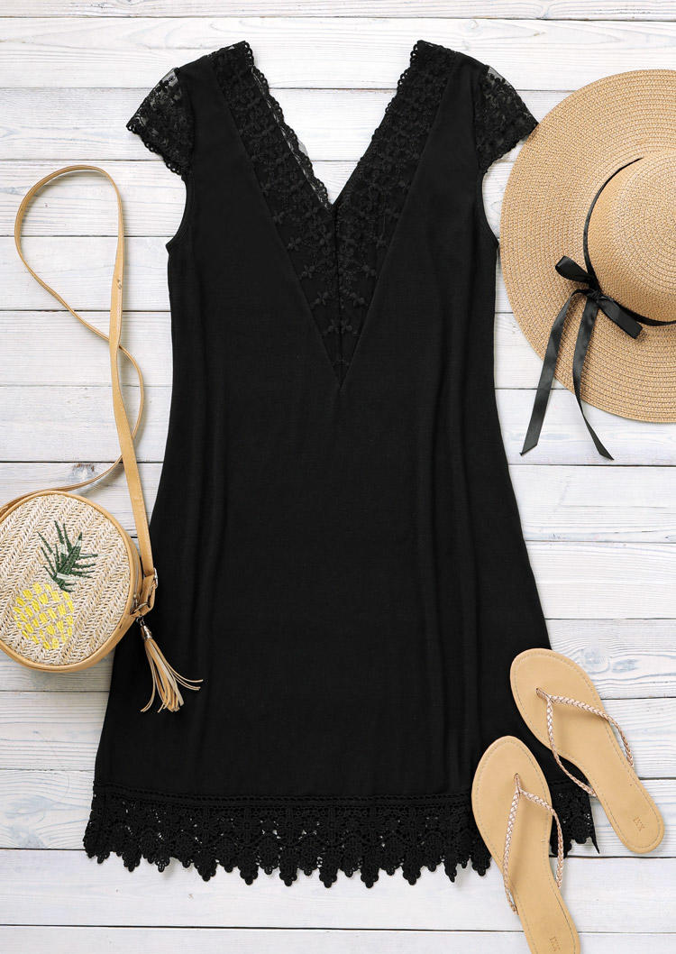 Lace Splicing Open Back V-Neck Mini Dress - Black