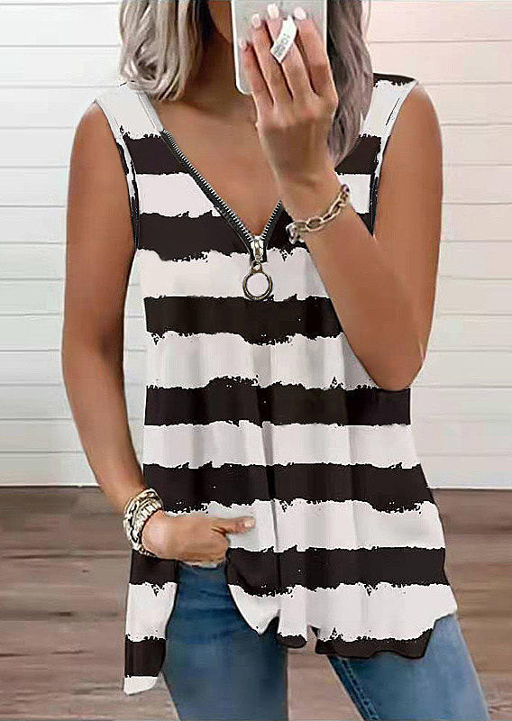 

Striped Zipper Sleeveless Tank, Stripe, 511919