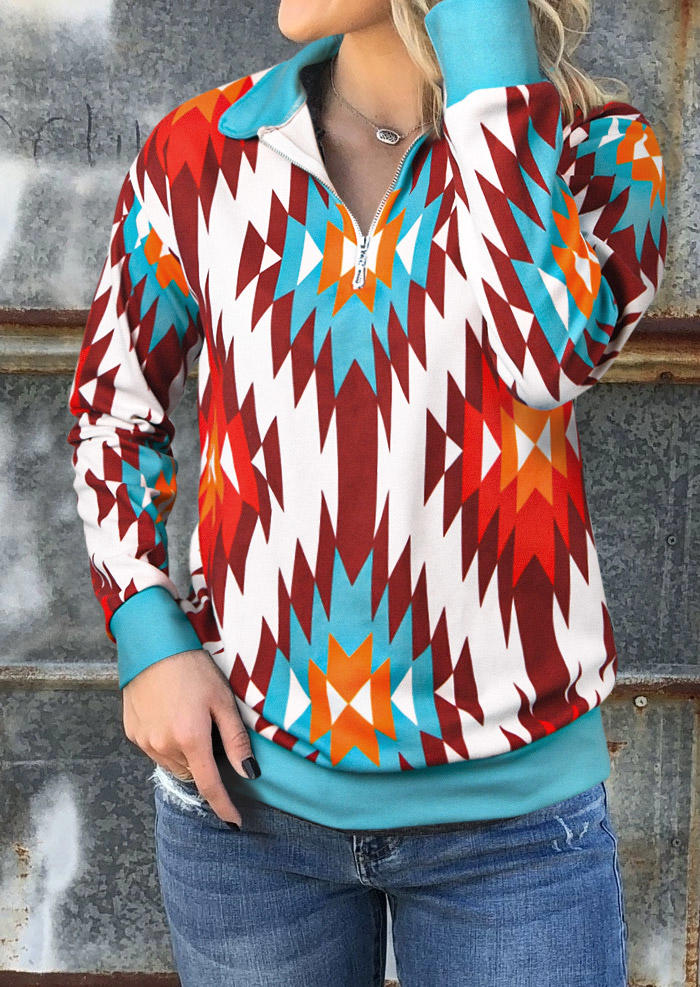 

Aztec Geometric Zipper Long Sleeve Sweatshirt, Multicolor, 511985