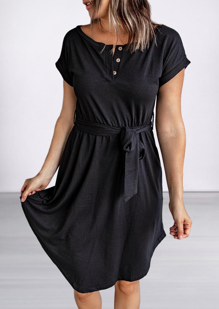 

Button O-Neck Casual Dress - Black, 512130