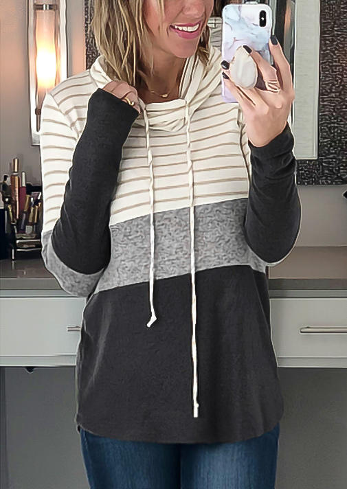 

Striped Color Block Cowl Neck Drawstring Sweatshirt, Multicolor, 512136