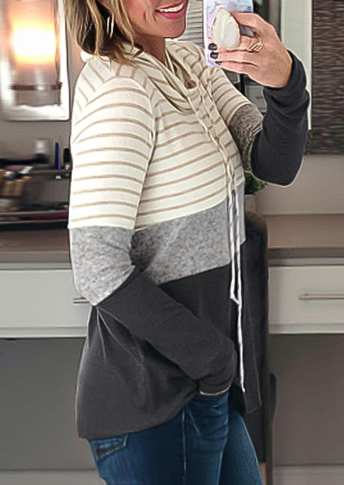 Striped Color Block Cowl Neck Drawstring Sweatshirt