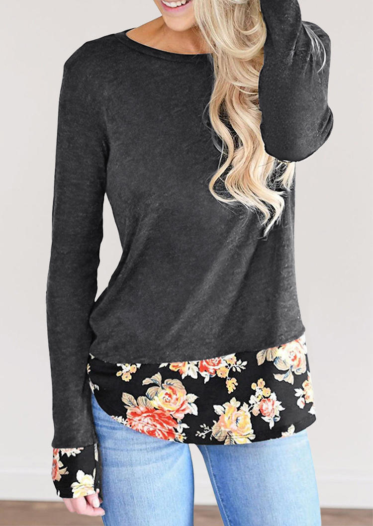 

Floral Splicing Long Sleeve Blouse - Dark Grey, 512209