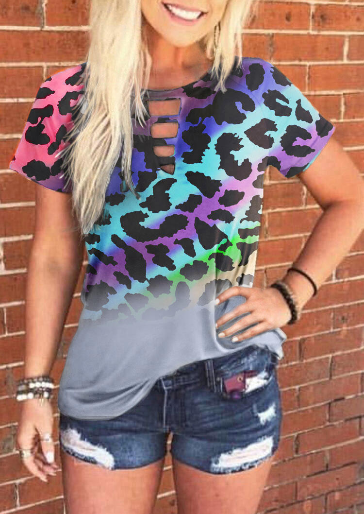 

Colorful Gradient Leopard Keyhole Neck Blouse, Multicolor, 512280