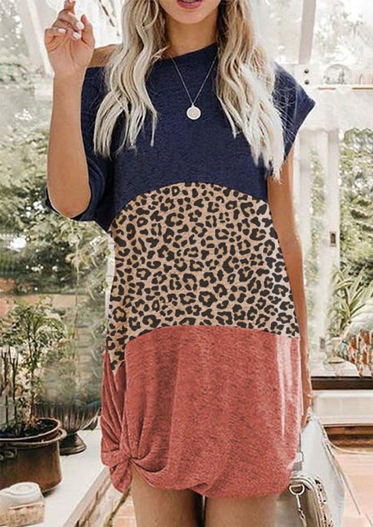 

Leopard Color Block Splicing Tie Mini Dress, Multicolor, 512281