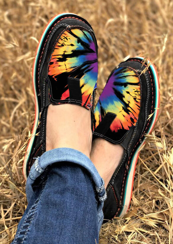 

Reverse Tie Dye Rainbow Slip On Round Toe Flat Sneakers, Black, 512289