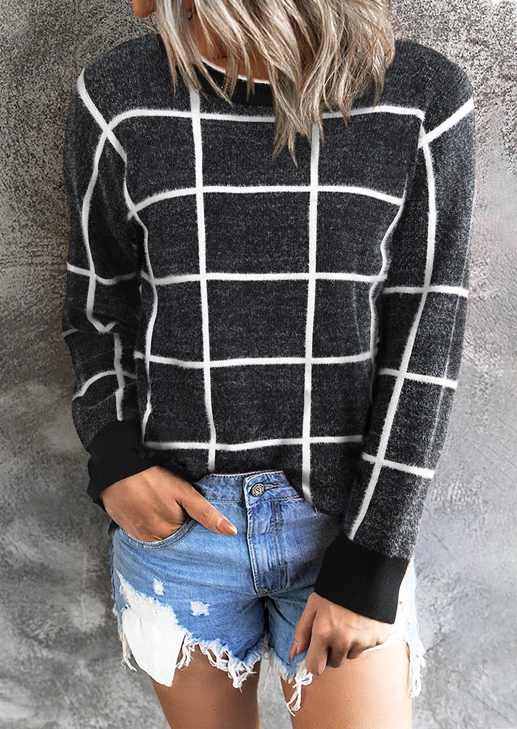 

Plaid Pullover Long Sleeve O-Neck Sweater, Multicolor, 511637