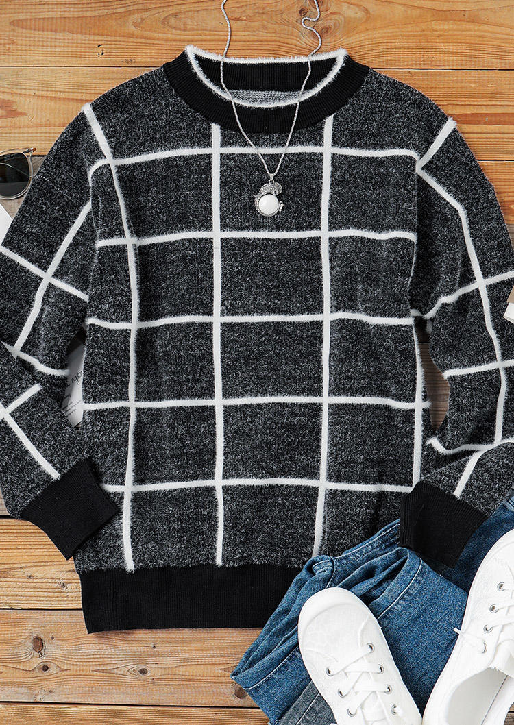 Plaid Pullover Long Sleeve O-Neck Sweater