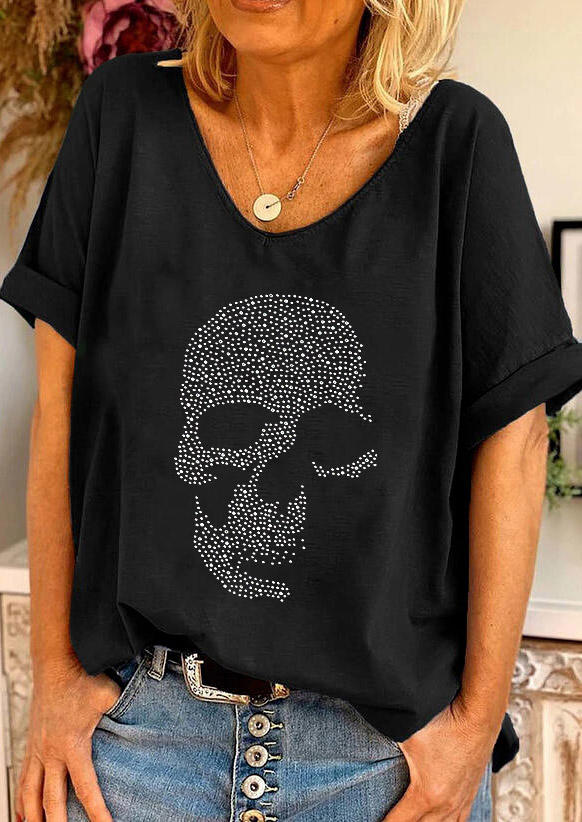 Skull Short Sleeve Casual Blouse - Black, 511982