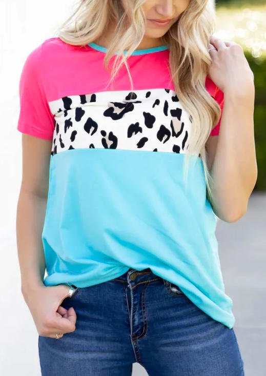 

Leopard Color Block Short Sleeve Blouse, Multicolor, 512153