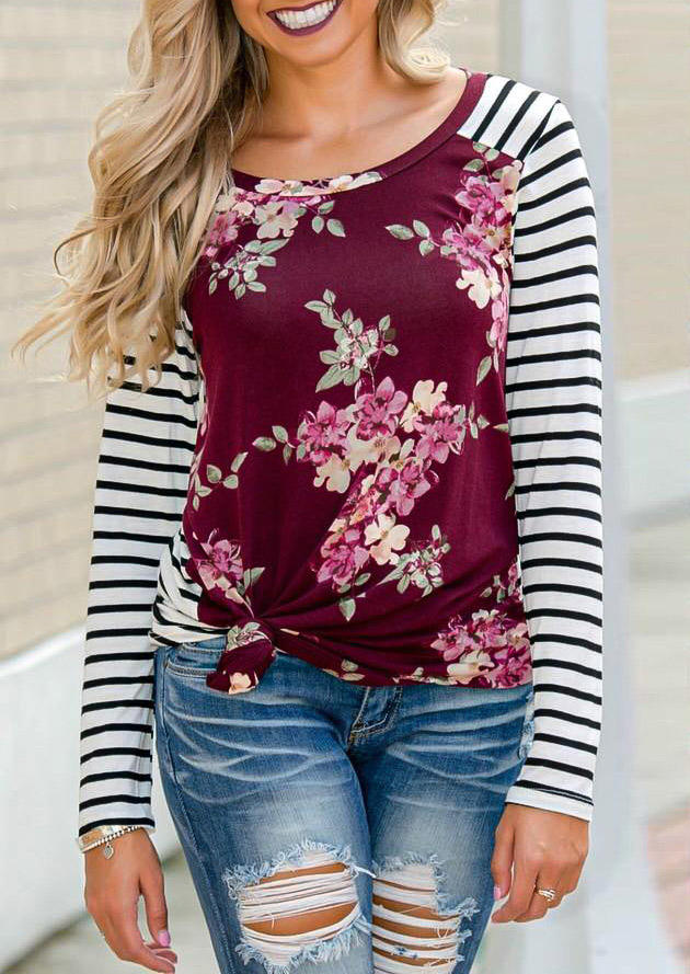 

Striped Floral Striped Long Sleeve O-Neck Blouse, Stripe, 512179
