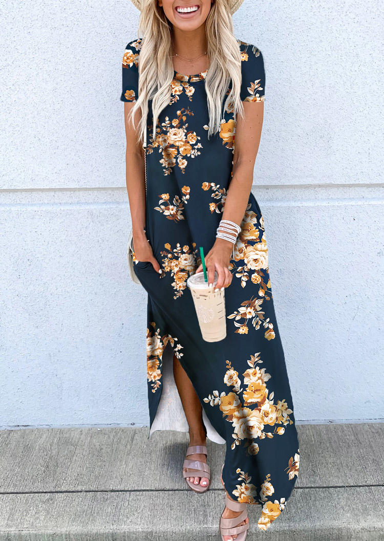 

Floral Pocket Slit Short Sleeve Maxi Dress, Multicolor, 512223