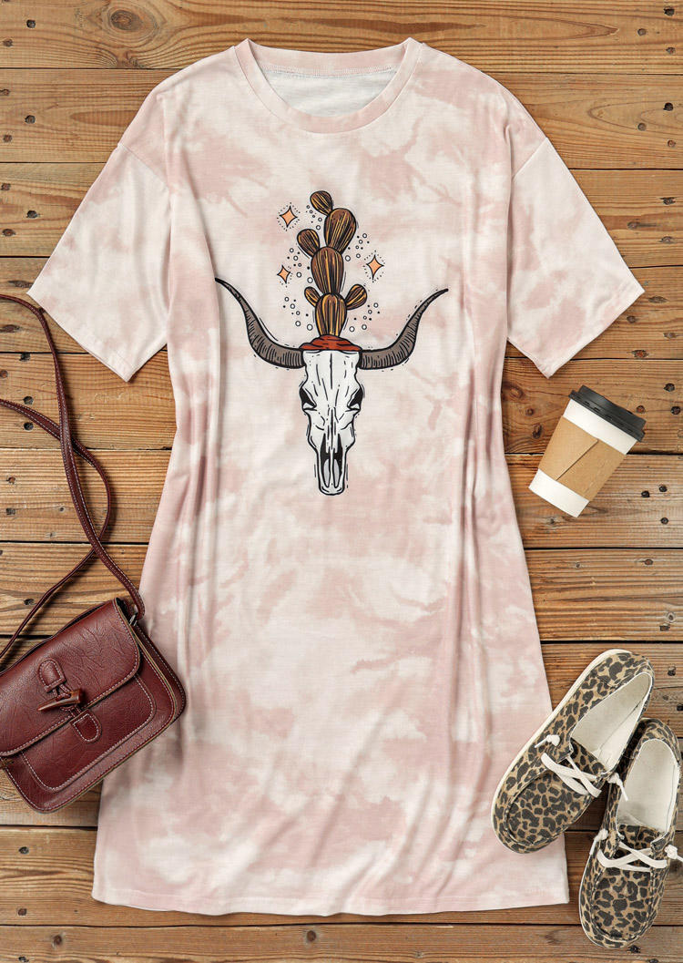 Tie Dye Cactus Goat Short Sleeve Mini Dress - Light Pink