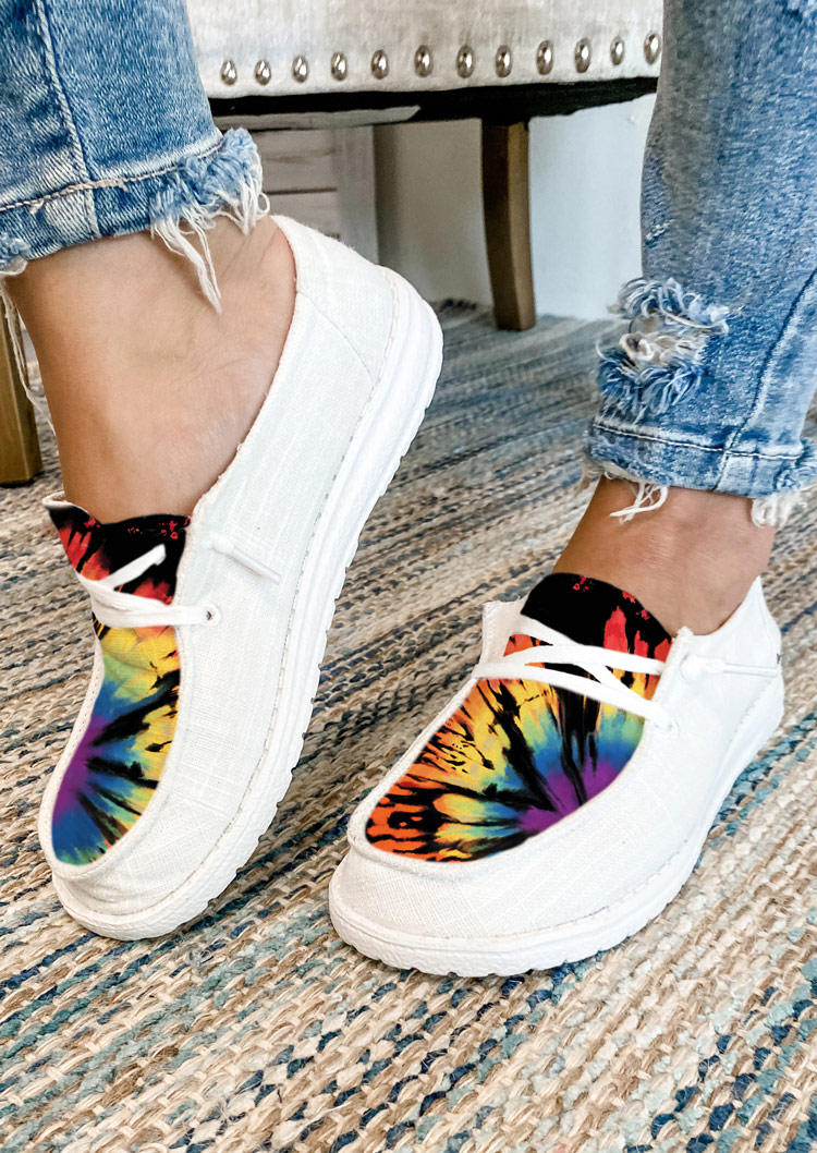 

Reverse Tie Dye Rainbow Slip On Flat Sneakers - White, 512305