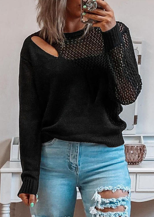 Hollow Out O-Neck Long Sleeve Sweater - Black