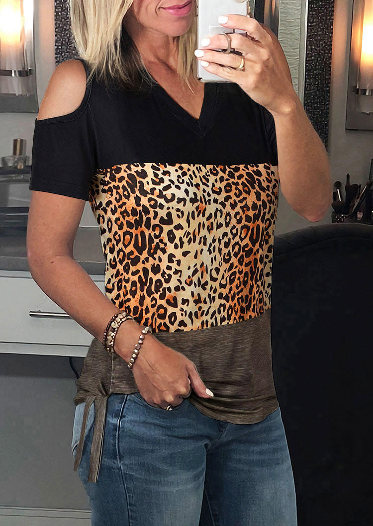 

Leopard Color Block Cold Shoulder Tie Blouse, Multicolor, 510456