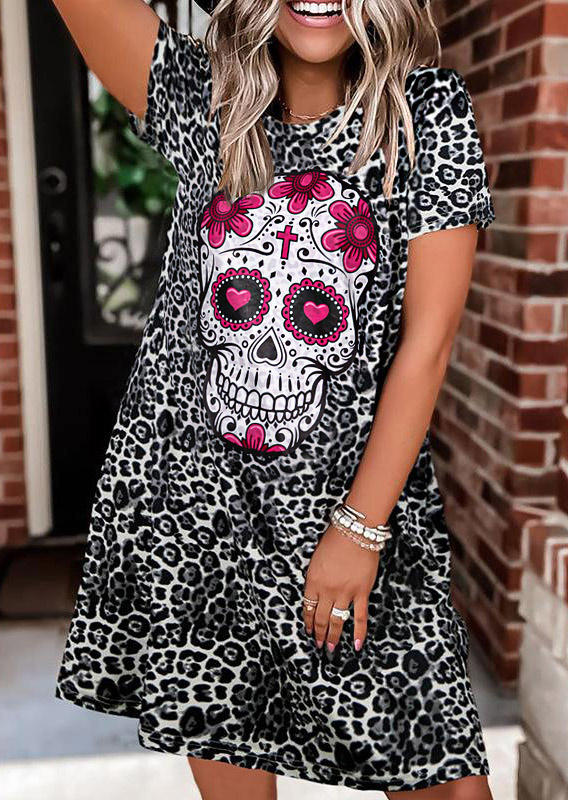 

Floral Heart Skull Leopard Short Sleeve Mini Dress, 510839