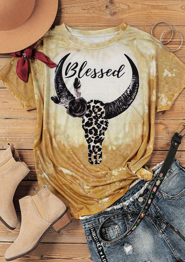 

Blessed Leopard Steer Skull Feather Bleached T-Shirt Tee - Yellow, 511456