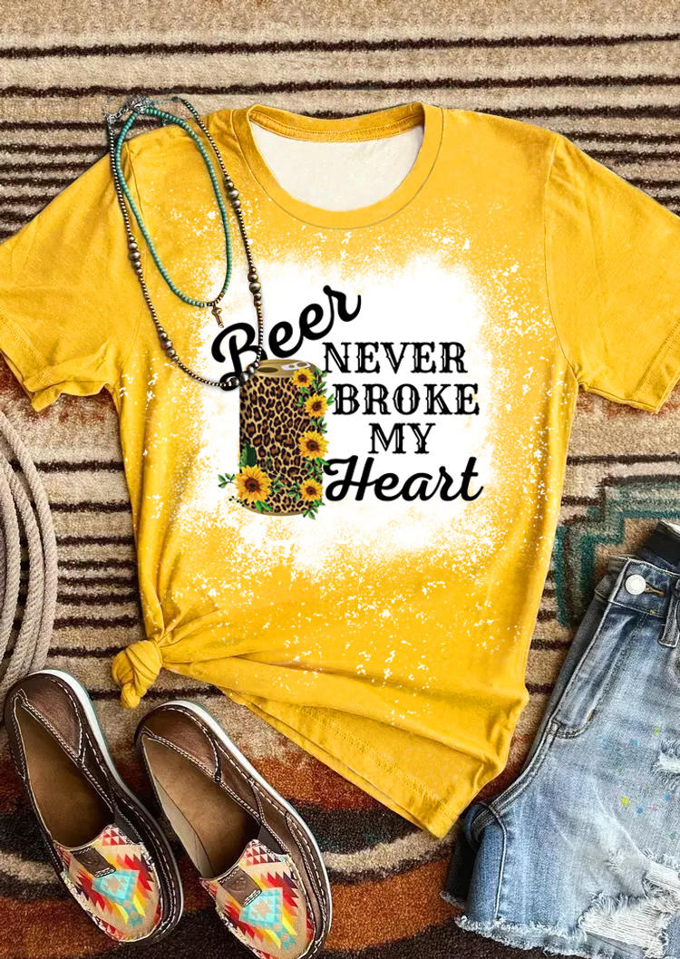 

Leopard Sunflower Beer Never Broke My Heart T-Shirt Tee - Yellow, 511681