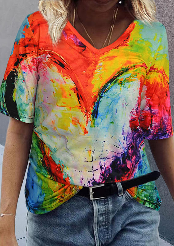 

Abstract Heart Oil Painting V-Neck Blouse, Multicolor, 511706