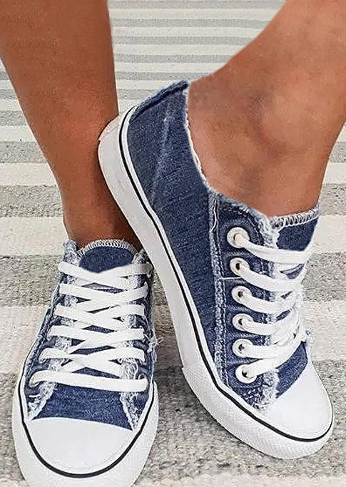 

Frayed Hem Lace Up Canvas Sneakers - Blue, 511808