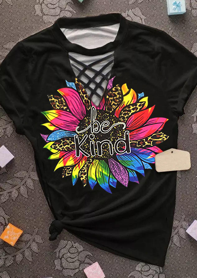 

Be Kind Leopard Colorful Sunflower T-Shirt Tee - Black, 511904