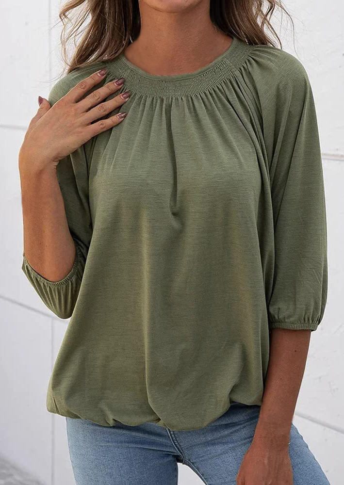 

Ruffled Elastic Cuff O-Neck Blouse - Army Green, 511942