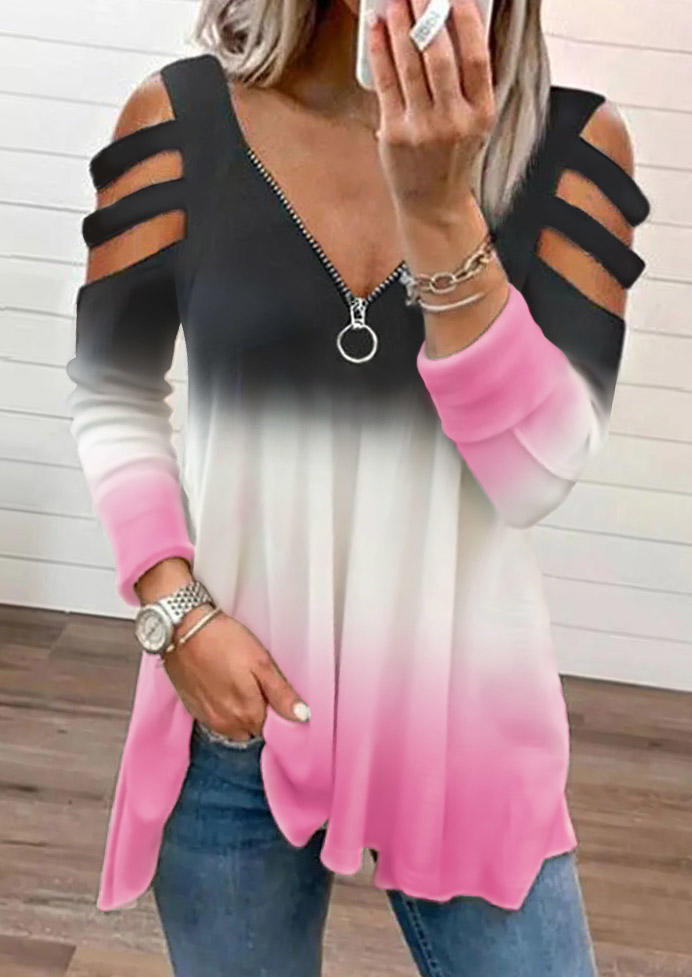 

Gradient Zipper Collar Cold Shoulder Blouse, Multicolor, 512047