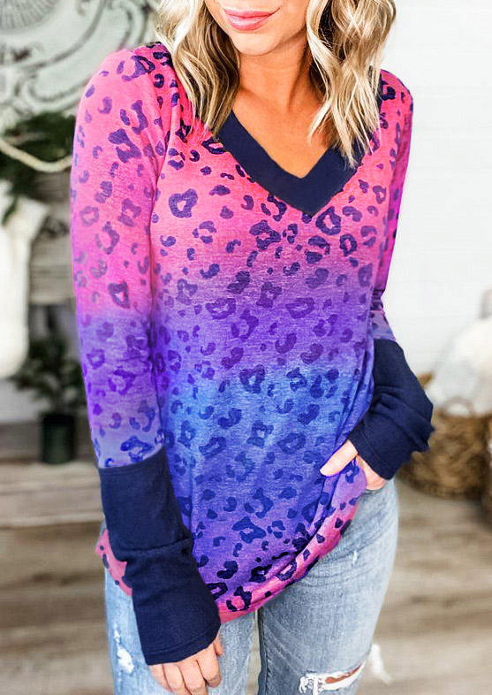 

Colorful Leopard Gradient V-Neck Blouse, Multicolor, 512233