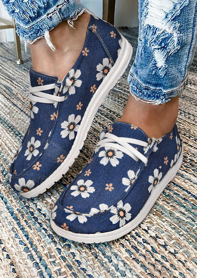 

Daisy Floral Round Toe Lace Up Flat Canvas Sneakers - Blue, 512242